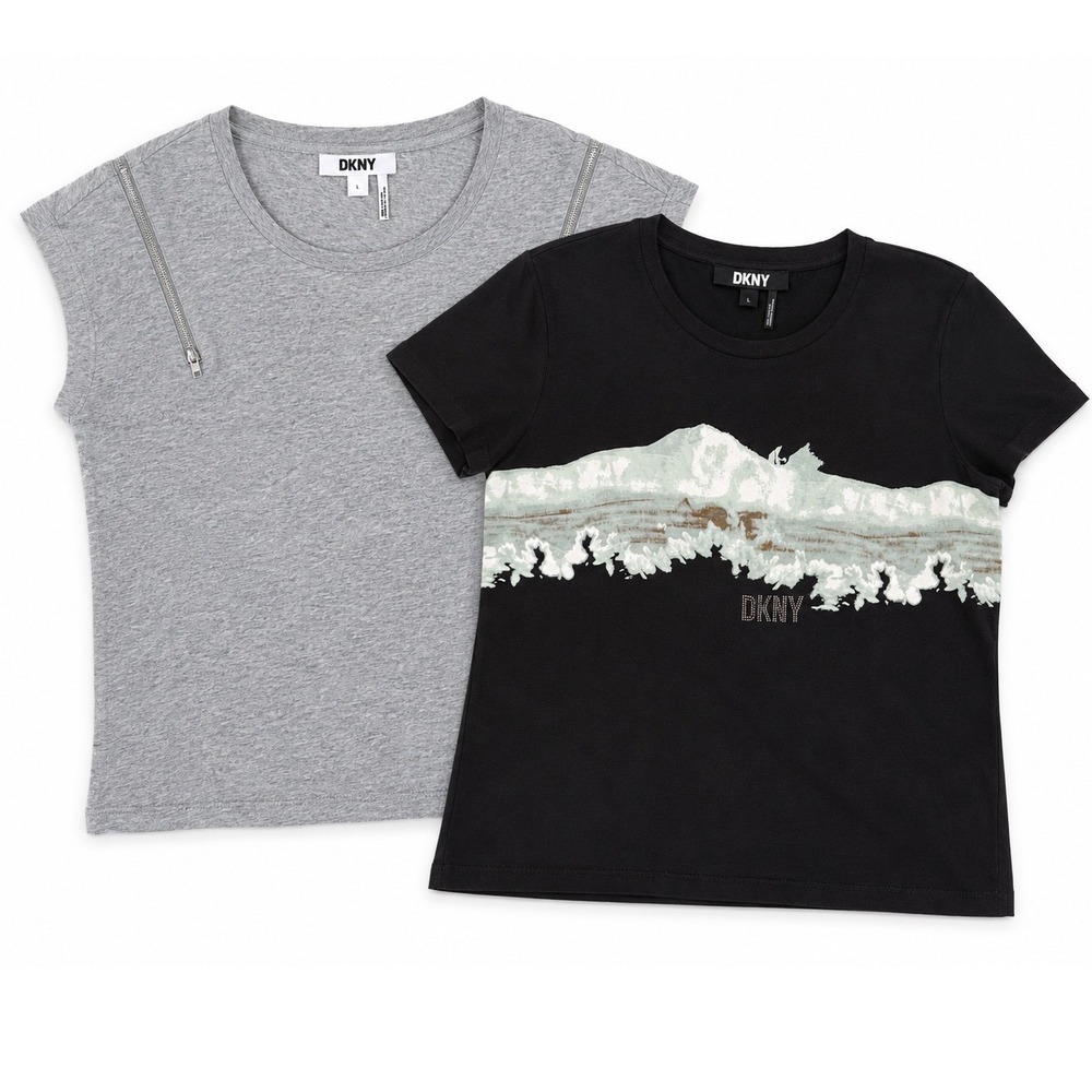 DKNY Womens T-Shirt 2pc Bundle Black Graphic Tee & Gray Zipper Muscle T-shirt Lg